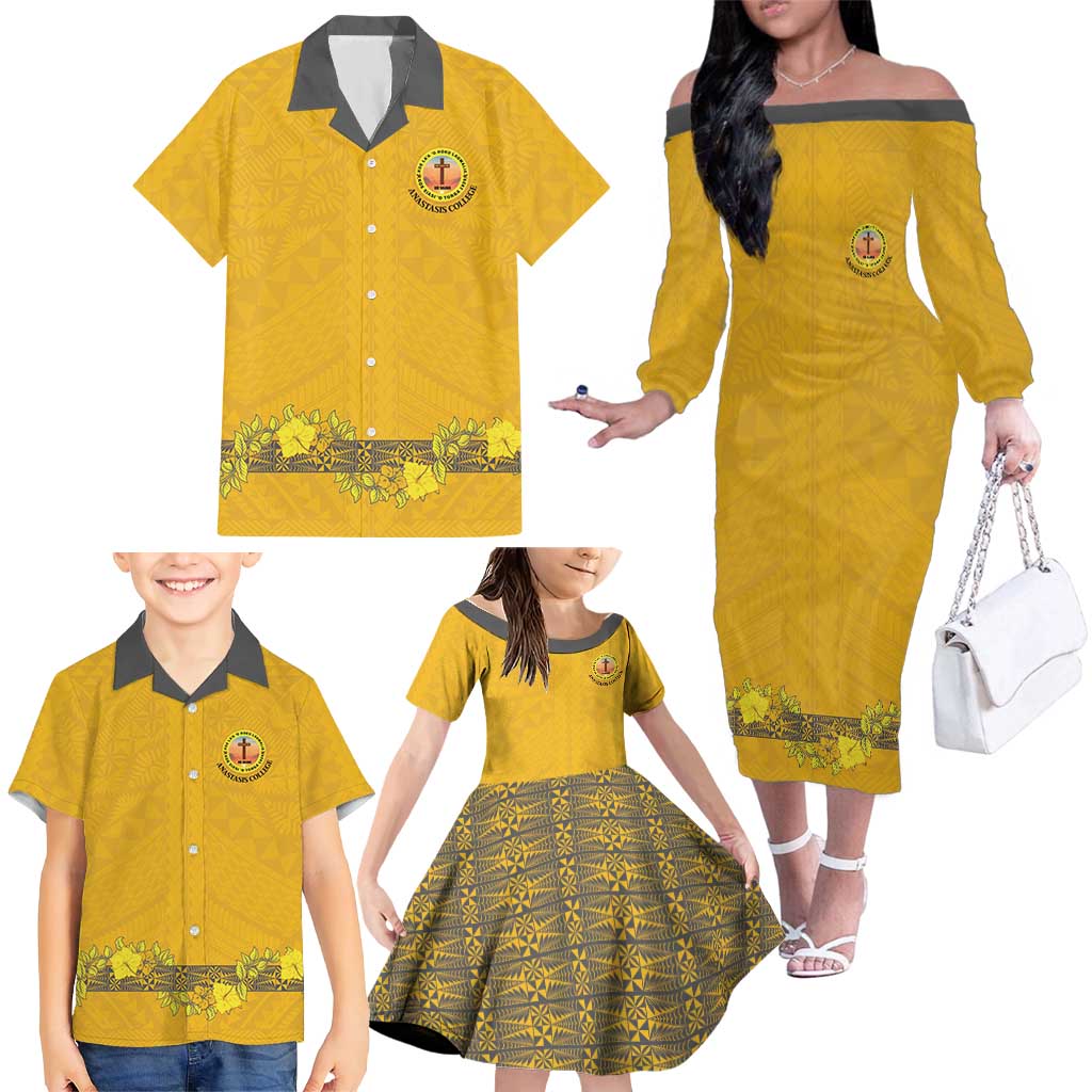 Tonga Anastasis College Family Matching Off The Shoulder Long Sleeve Dress and Hawaiian Shirt Tongan Ngatu Kupesi Pattern LT05 - Polynesian Pride