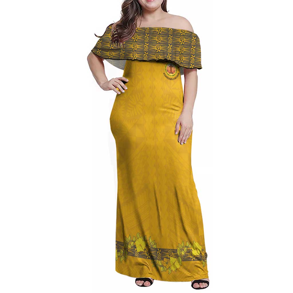 Tonga Anastasis College Family Matching Off Shoulder Maxi Dress and Hawaiian Shirt Tongan Ngatu Kupesi Pattern LT05 Mom's Dress Yellow - Polynesian Pride