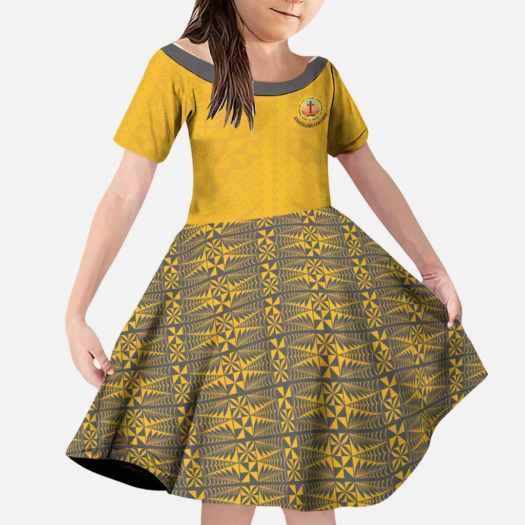 Tonga Anastasis College Family Matching Off Shoulder Short Dress and Hawaiian Shirt Tongan Ngatu Kupesi Pattern LT05 Daughter's Dress Yellow - Polynesian Pride