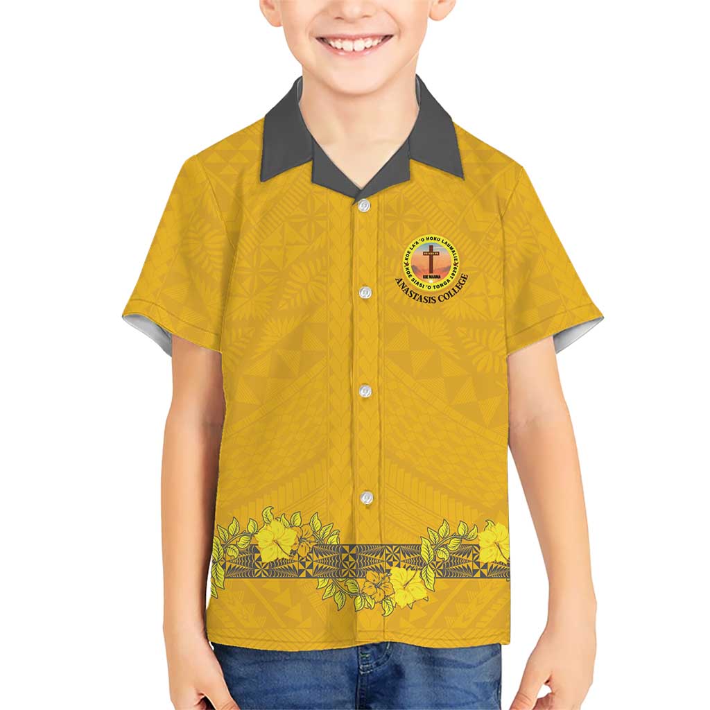 Tonga Anastasis College Family Matching Off Shoulder Short Dress and Hawaiian Shirt Tongan Ngatu Kupesi Pattern LT05 Son's Shirt Yellow - Polynesian Pride