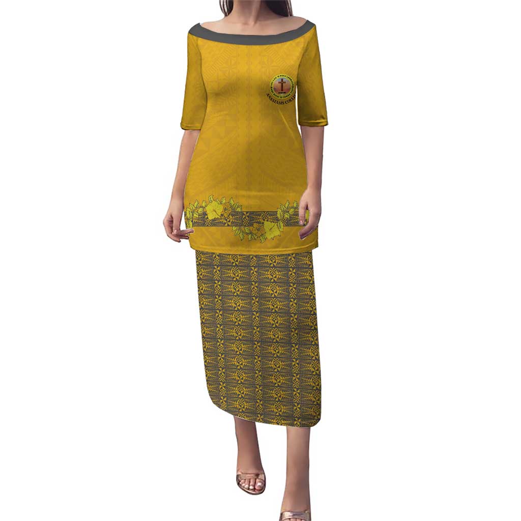 Tonga Anastasis College Family Matching Puletasi and Hawaiian Shirt Tongan Ngatu Kupesi Pattern LT05 Mom's Dress Yellow - Polynesian Pride