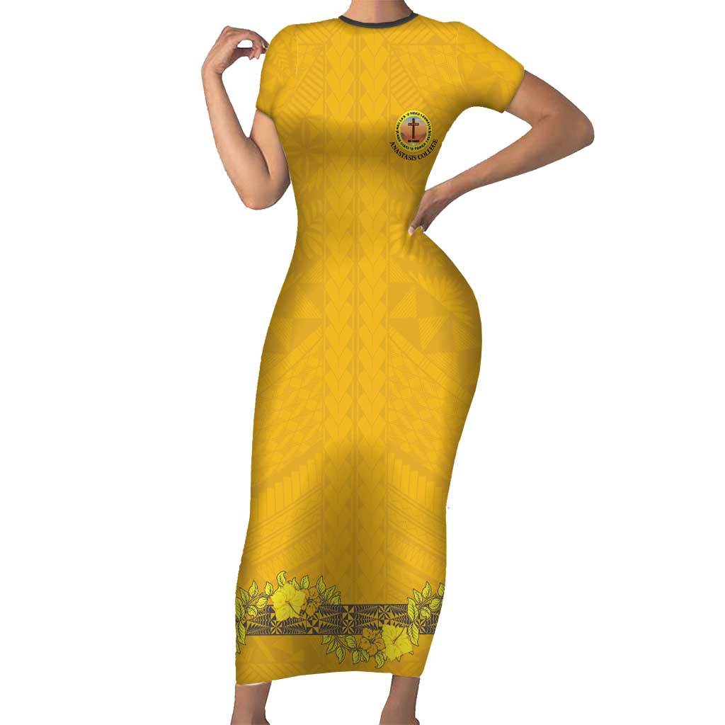 Tonga Anastasis College Family Matching Short Sleeve Bodycon Dress and Hawaiian Shirt Tongan Ngatu Kupesi Pattern LT05 Mom's Dress Yellow - Polynesian Pride