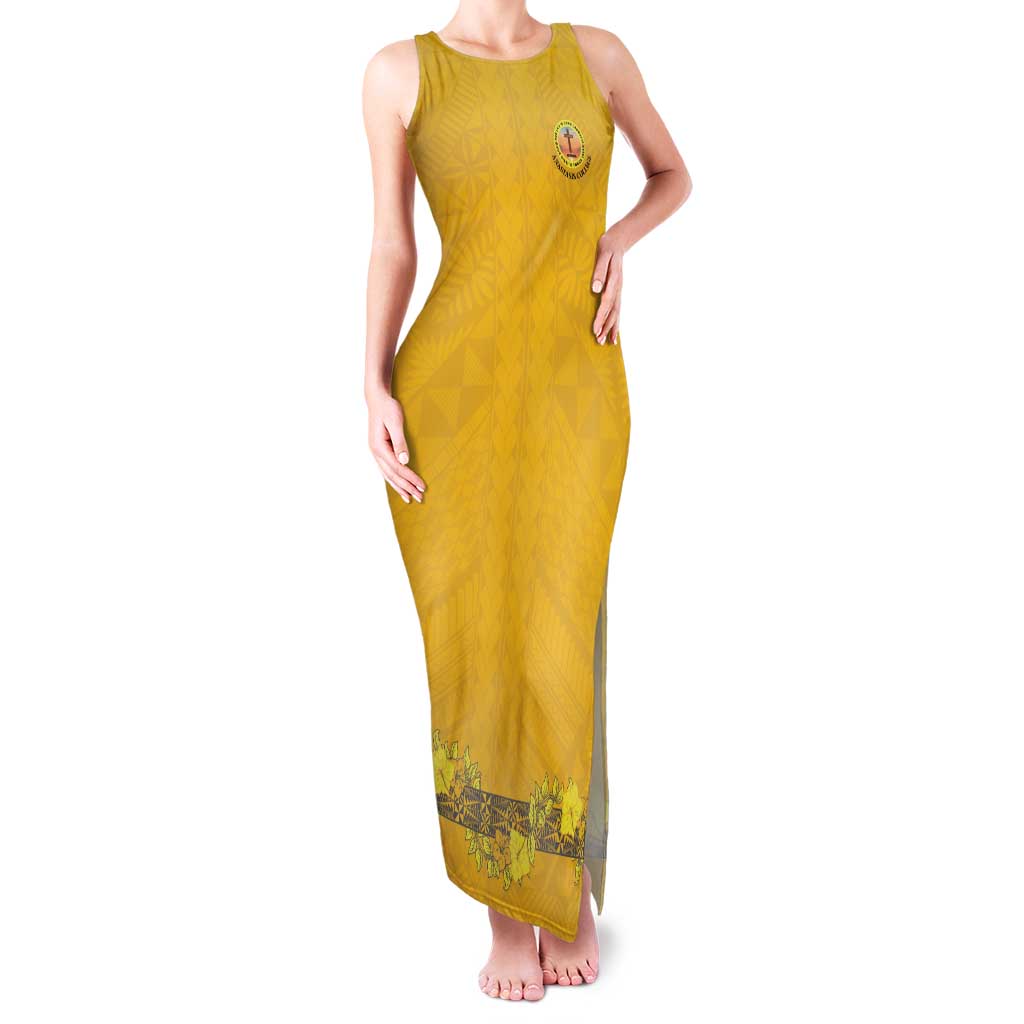 Tonga Anastasis College Family Matching Tank Maxi Dress and Hawaiian Shirt Tongan Ngatu Kupesi Pattern LT05 Mom's Dress Yellow - Polynesian Pride