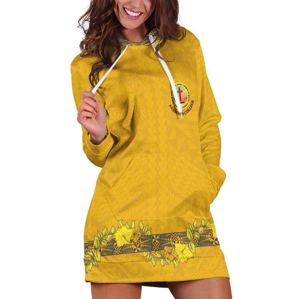 Tonga Anastasis College Hoodie Dress Tongan Ngatu Kupesi Pattern LT05 Yellow - Polynesian Pride
