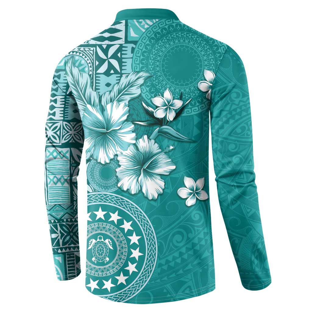 Cook Islands Button Sweatshirt Teal Hibiscus And Stars