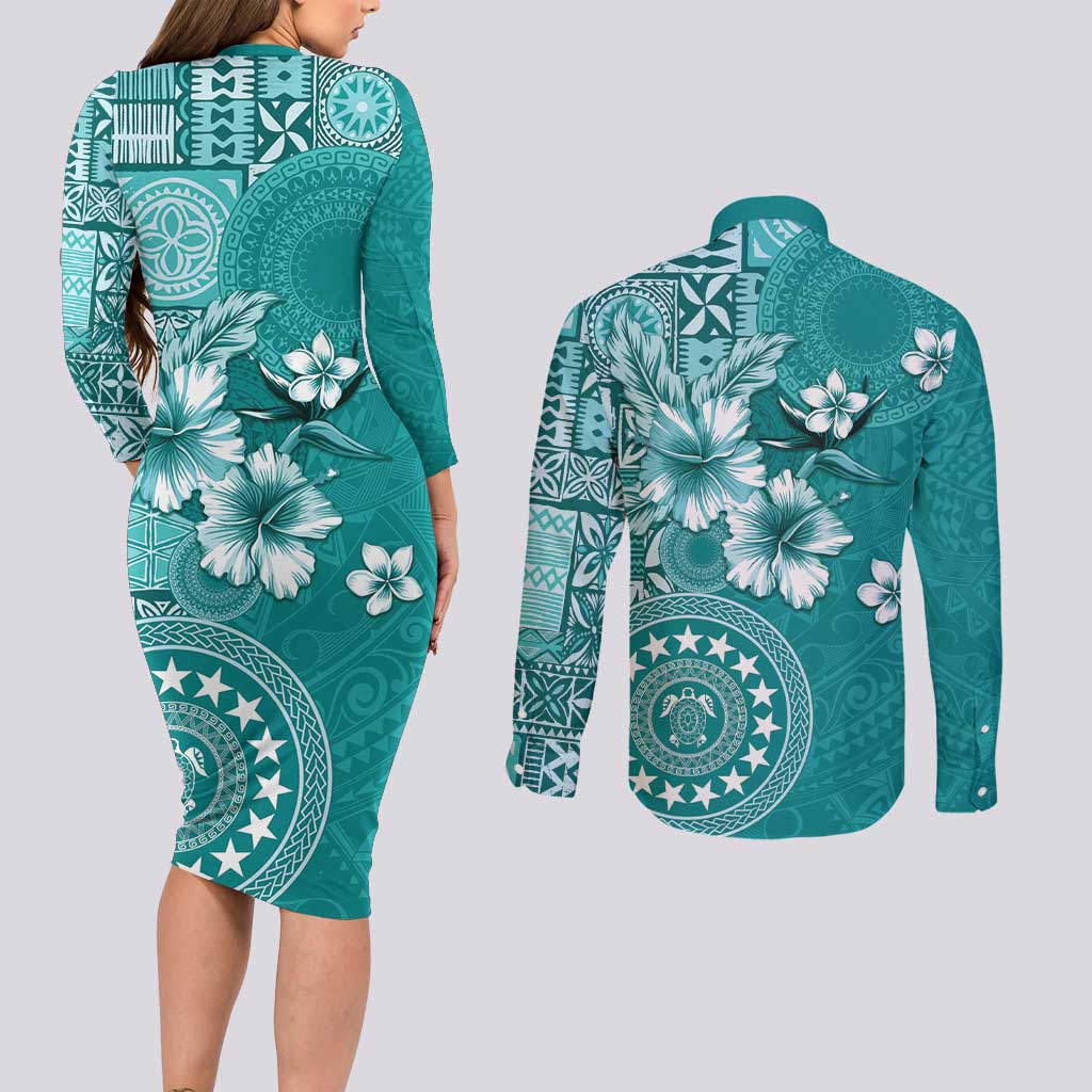 Cook Islands Couples Matching Long Sleeve Bodycon Dress and Long Sleeve Button Shirt Teal Hibiscus And Stars LT05 - Polynesian Pride