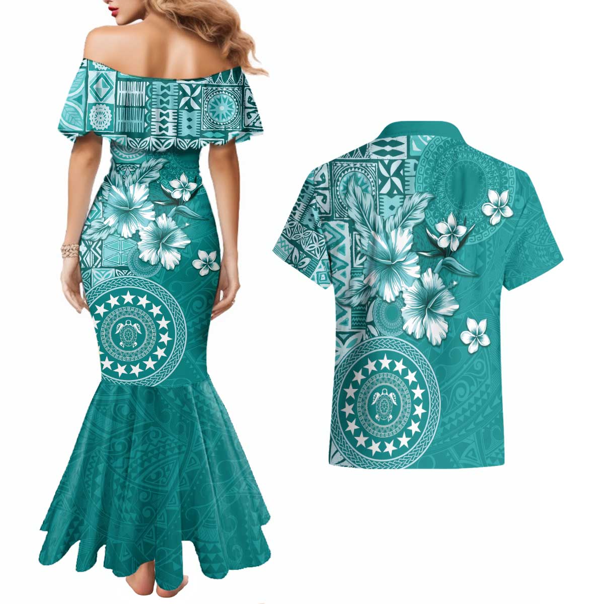 Cook Islands Couples Matching Mermaid Dress and Hawaiian Shirt Teal Hibiscus And Stars LT05 - Polynesian Pride