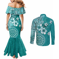 Cook Islands Couples Matching Mermaid Dress and Long Sleeve Button Shirt Teal Hibiscus And Stars LT05 - Polynesian Pride