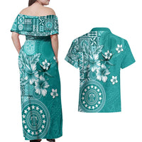 Cook Islands Couples Matching Off Shoulder Maxi Dress and Hawaiian Shirt Teal Hibiscus And Stars LT05 - Polynesian Pride