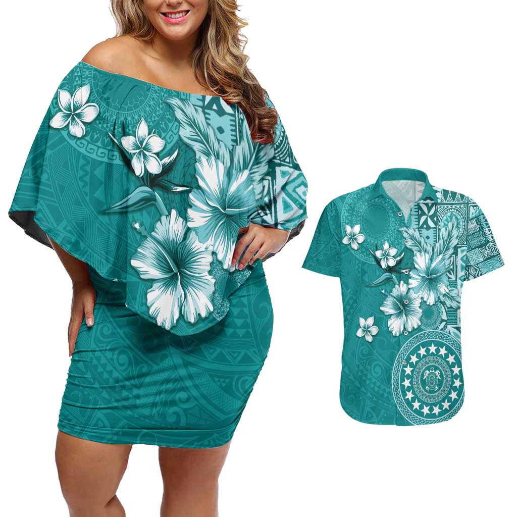 Cook Islands Couples Matching Off Shoulder Short Dress and Hawaiian Shirt Teal Hibiscus And Stars LT05 Teal - Polynesian Pride