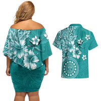 Cook Islands Couples Matching Off Shoulder Short Dress and Hawaiian Shirt Teal Hibiscus And Stars LT05 - Polynesian Pride