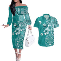 Cook Islands Couples Matching Off The Shoulder Long Sleeve Dress and Hawaiian Shirt Teal Hibiscus And Stars LT05 Teal - Polynesian Pride