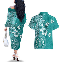 Cook Islands Couples Matching Off The Shoulder Long Sleeve Dress and Hawaiian Shirt Teal Hibiscus And Stars LT05 - Polynesian Pride