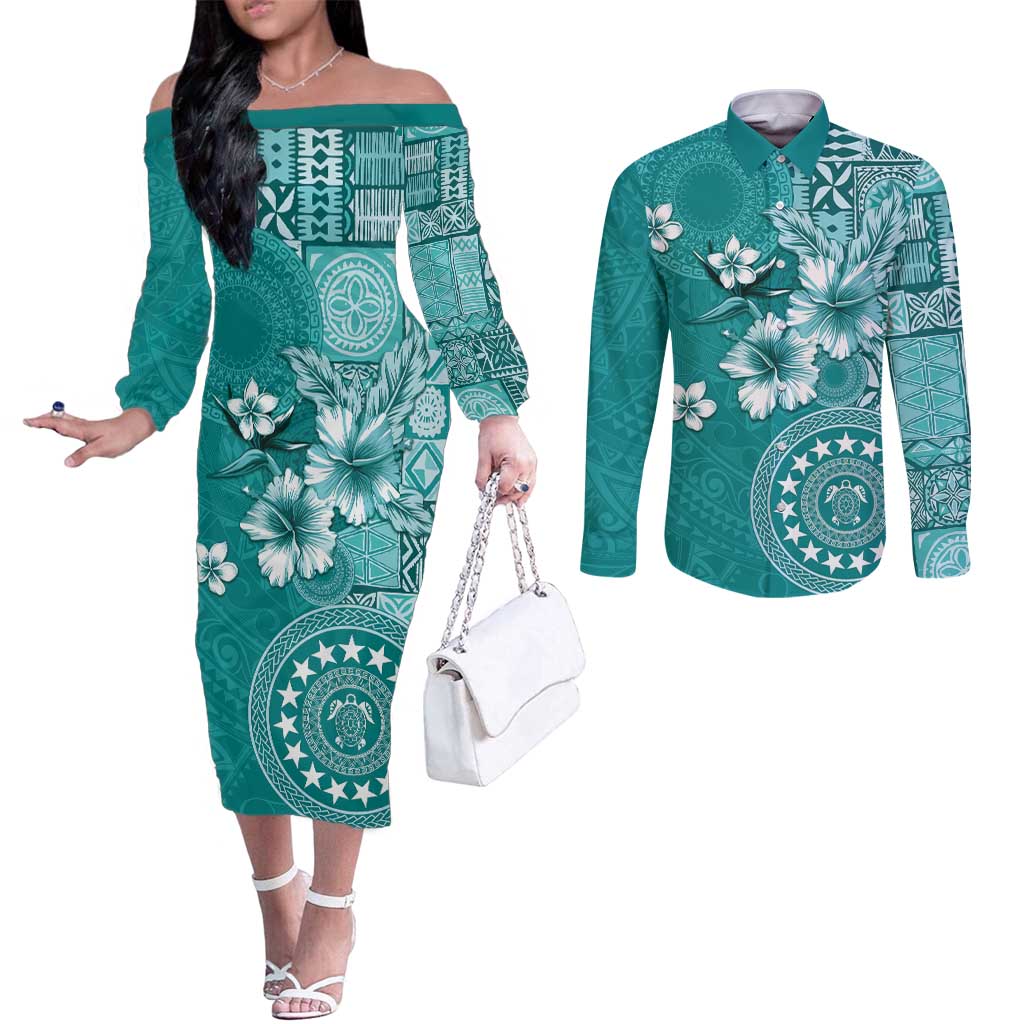 Cook Islands Couples Matching Off The Shoulder Long Sleeve Dress and Long Sleeve Button Shirt Teal Hibiscus And Stars LT05 Teal - Polynesian Pride