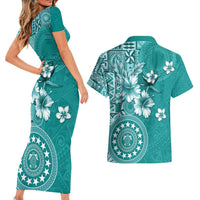 Cook Islands Couples Matching Short Sleeve Bodycon Dress and Hawaiian Shirt Teal Hibiscus And Stars LT05 - Polynesian Pride