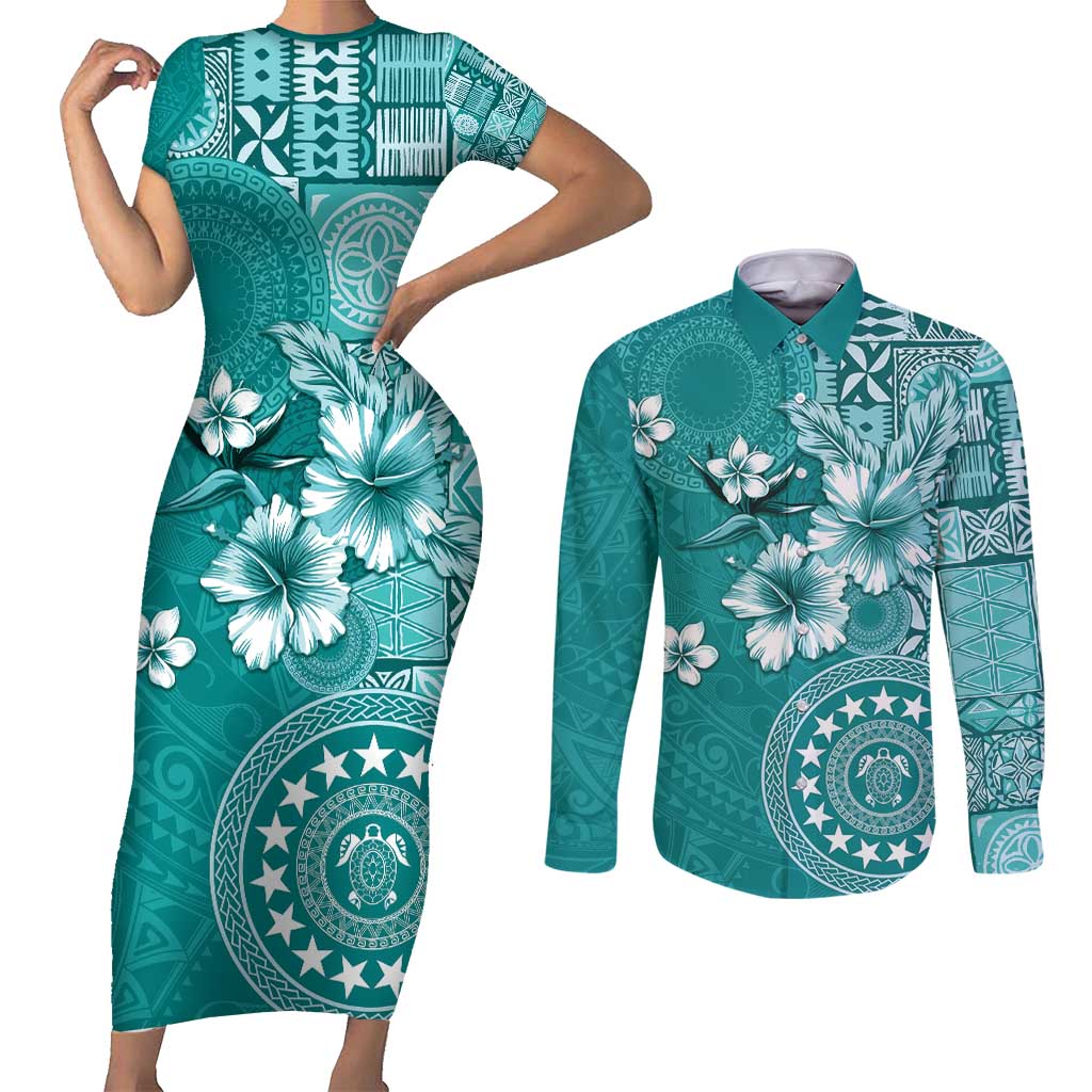 Cook Islands Couples Matching Short Sleeve Bodycon Dress and Long Sleeve Button Shirt Teal Hibiscus And Stars LT05 Teal - Polynesian Pride