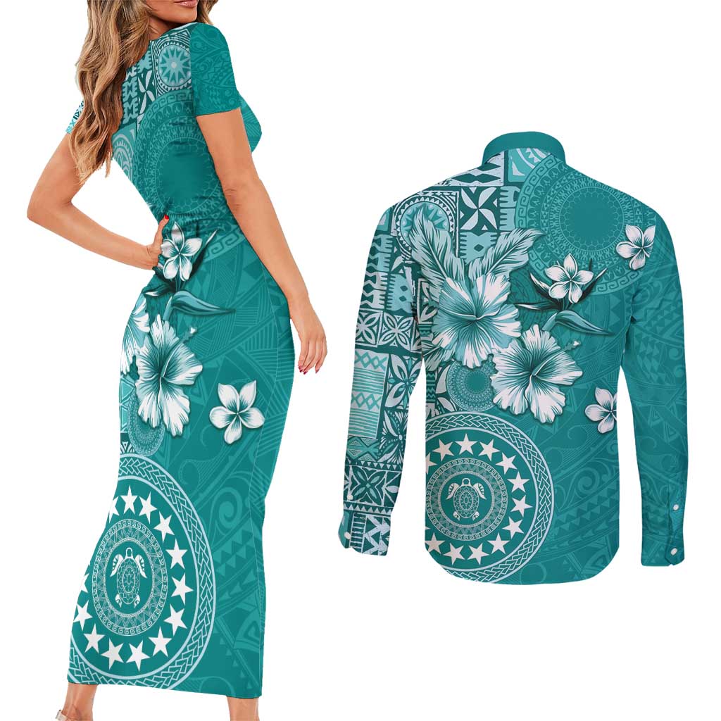 Cook Islands Couples Matching Short Sleeve Bodycon Dress and Long Sleeve Button Shirt Teal Hibiscus And Stars LT05 - Polynesian Pride