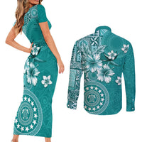 Cook Islands Couples Matching Short Sleeve Bodycon Dress and Long Sleeve Button Shirt Teal Hibiscus And Stars LT05 - Polynesian Pride