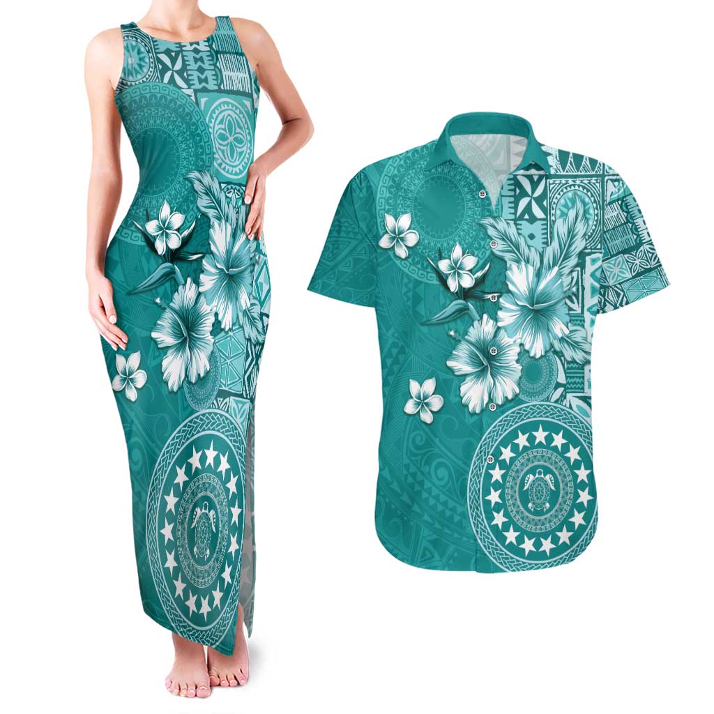 Cook Islands Couples Matching Tank Maxi Dress and Hawaiian Shirt Teal Hibiscus And Stars LT05 Teal - Polynesian Pride