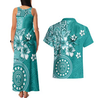 Cook Islands Couples Matching Tank Maxi Dress and Hawaiian Shirt Teal Hibiscus And Stars LT05 - Polynesian Pride