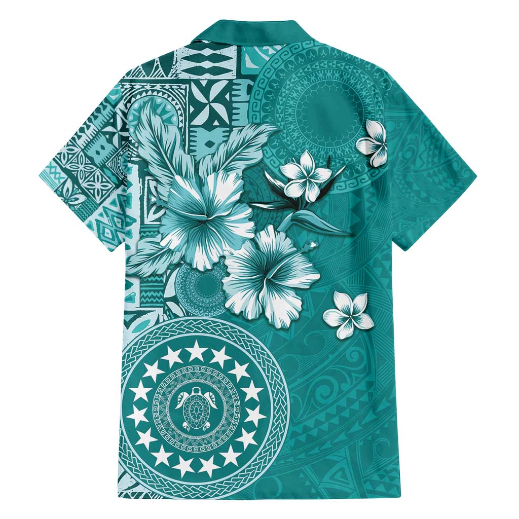 Cook Islands Family Matching Long Sleeve Bodycon Dress and Hawaiian Shirt Teal Hibiscus And Stars LT05 - Polynesian Pride