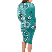 Cook Islands Family Matching Long Sleeve Bodycon Dress and Hawaiian Shirt Teal Hibiscus And Stars LT05 - Polynesian Pride