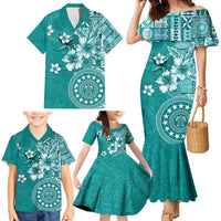 Cook Islands Family Matching Mermaid Dress and Hawaiian Shirt Teal Hibiscus And Stars LT05 - Polynesian Pride