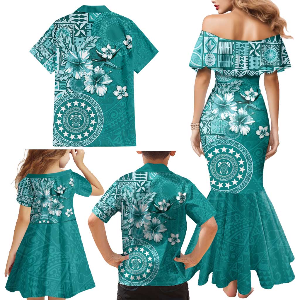 Cook Islands Family Matching Mermaid Dress and Hawaiian Shirt Teal Hibiscus And Stars LT05 - Polynesian Pride
