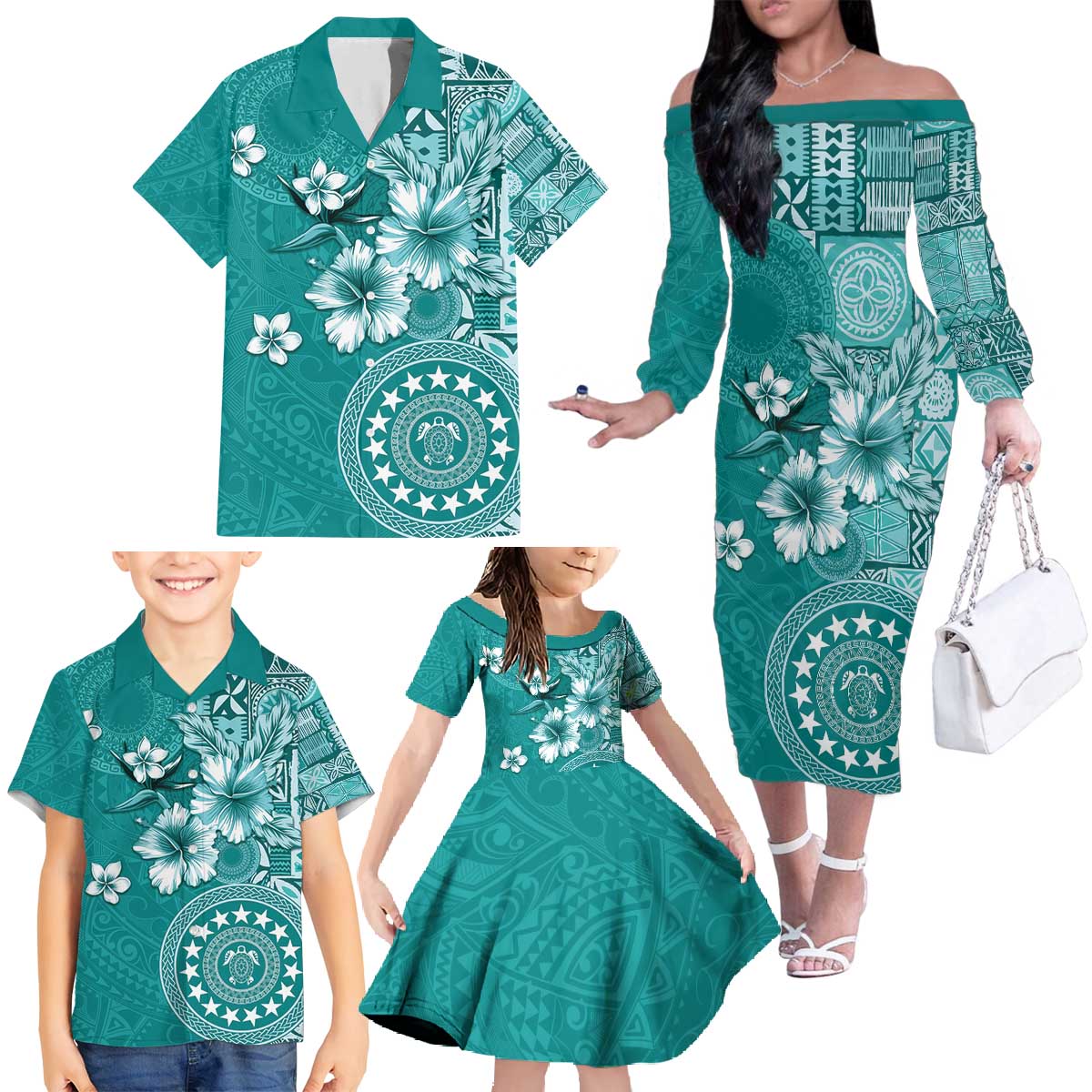 Cook Islands Family Matching Off The Shoulder Long Sleeve Dress and Hawaiian Shirt Teal Hibiscus And Stars LT05 - Polynesian Pride