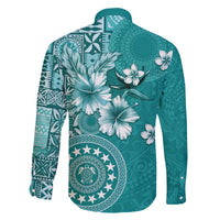 Cook Islands Family Matching Off The Shoulder Long Sleeve Dress and Hawaiian Shirt Teal Hibiscus And Stars LT05 - Polynesian Pride