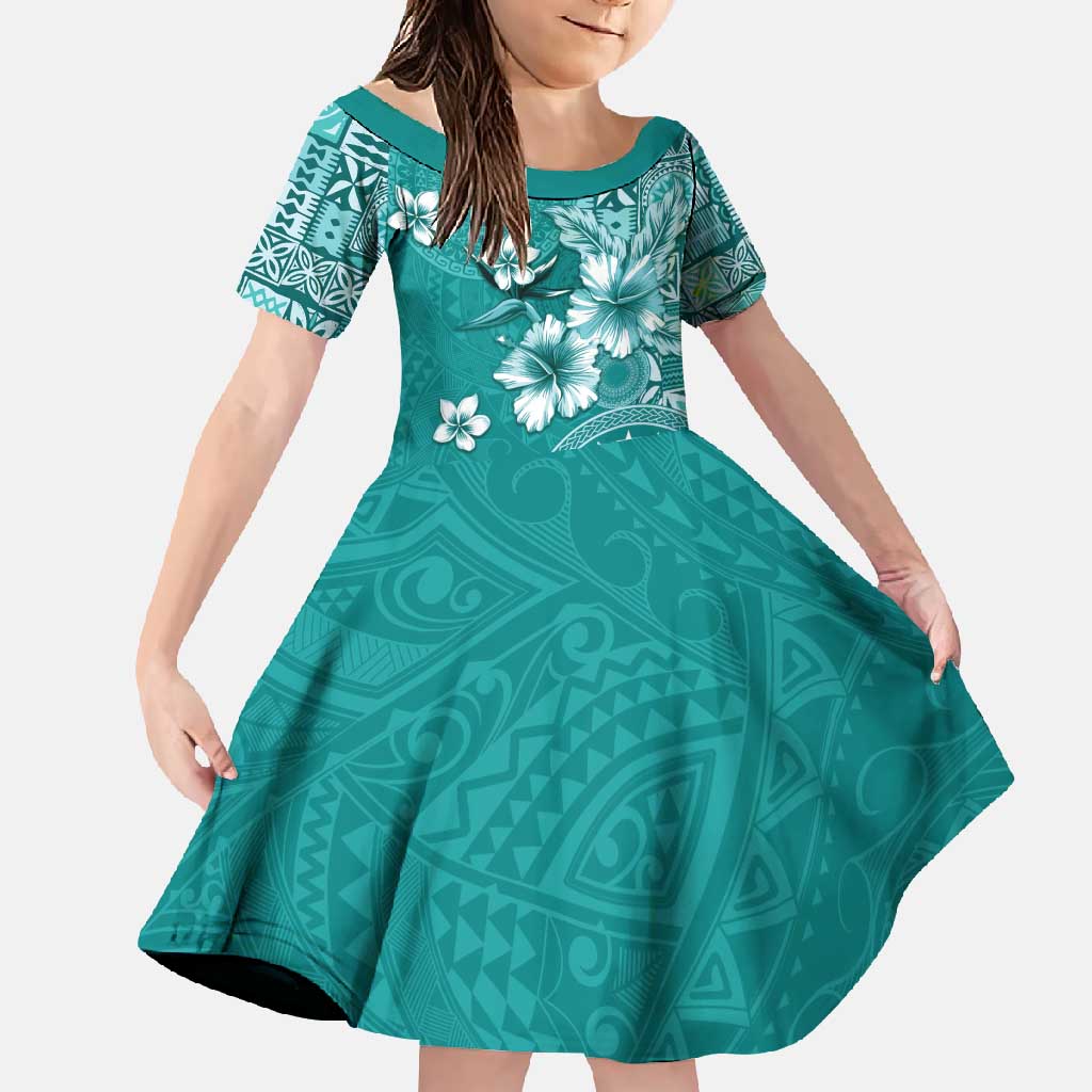 Cook Islands Family Matching Off Shoulder Maxi Dress and Hawaiian Shirt Teal Hibiscus And Stars LT05 Daughter's Dress Teal - Polynesian Pride