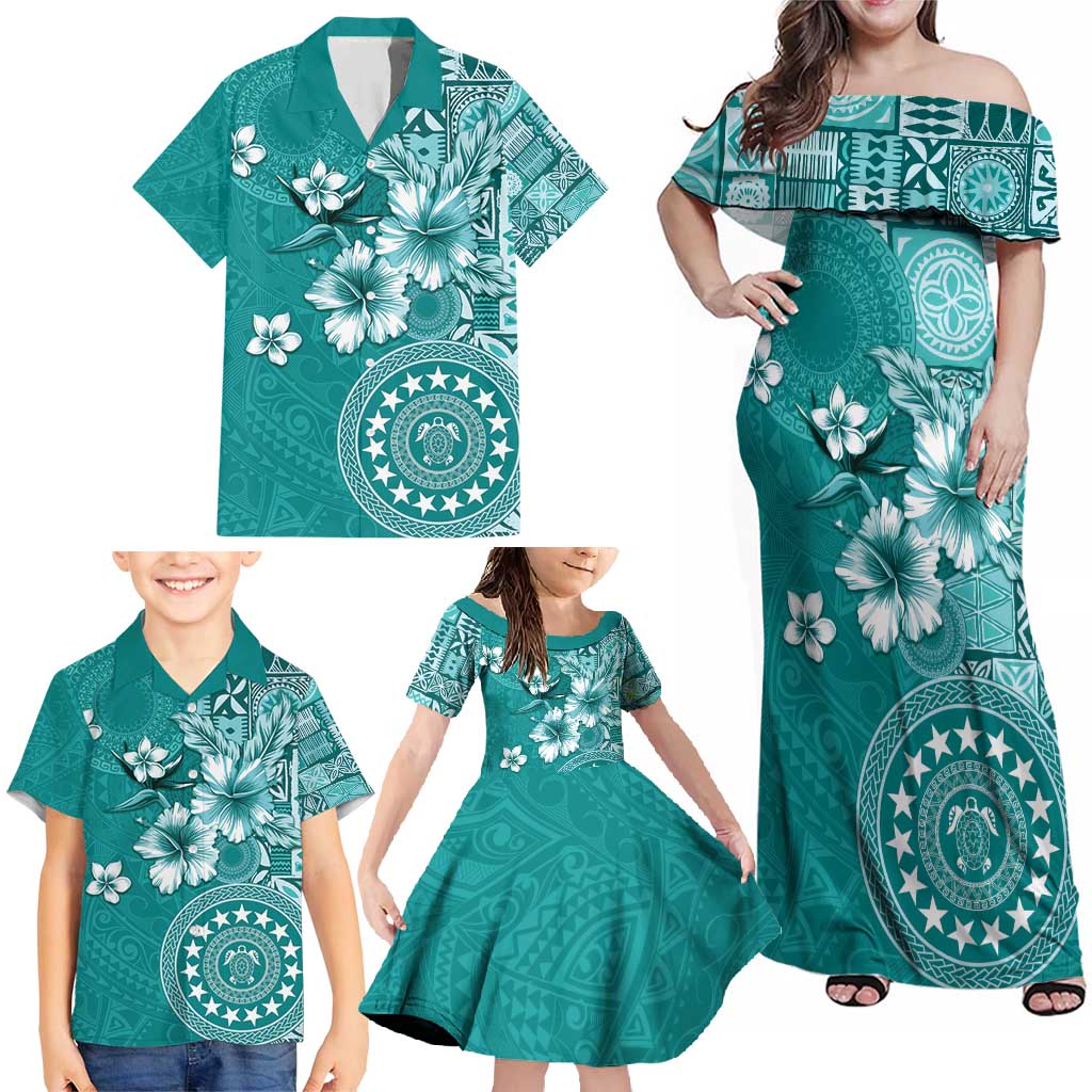Cook Islands Family Matching Off Shoulder Maxi Dress and Hawaiian Shirt Teal Hibiscus And Stars LT05 - Polynesian Pride