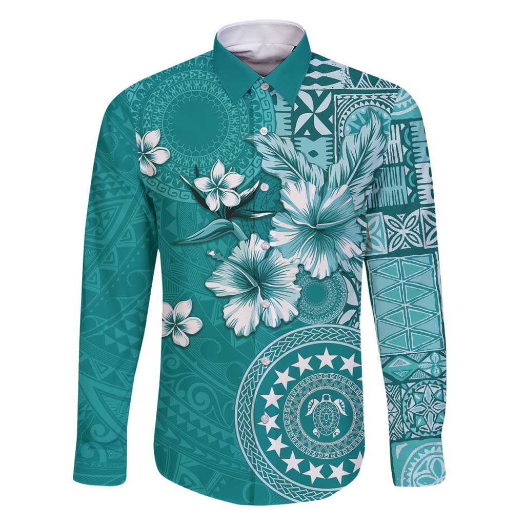 Cook Islands Family Matching Off Shoulder Maxi Dress and Hawaiian Shirt Teal Hibiscus And Stars LT05 Dad's Shirt - Long Sleeve Teal - Polynesian Pride