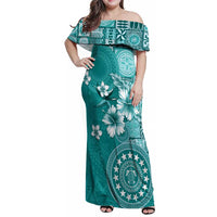 Cook Islands Family Matching Off Shoulder Maxi Dress and Hawaiian Shirt Teal Hibiscus And Stars LT05 Mom's Dress Teal - Polynesian Pride