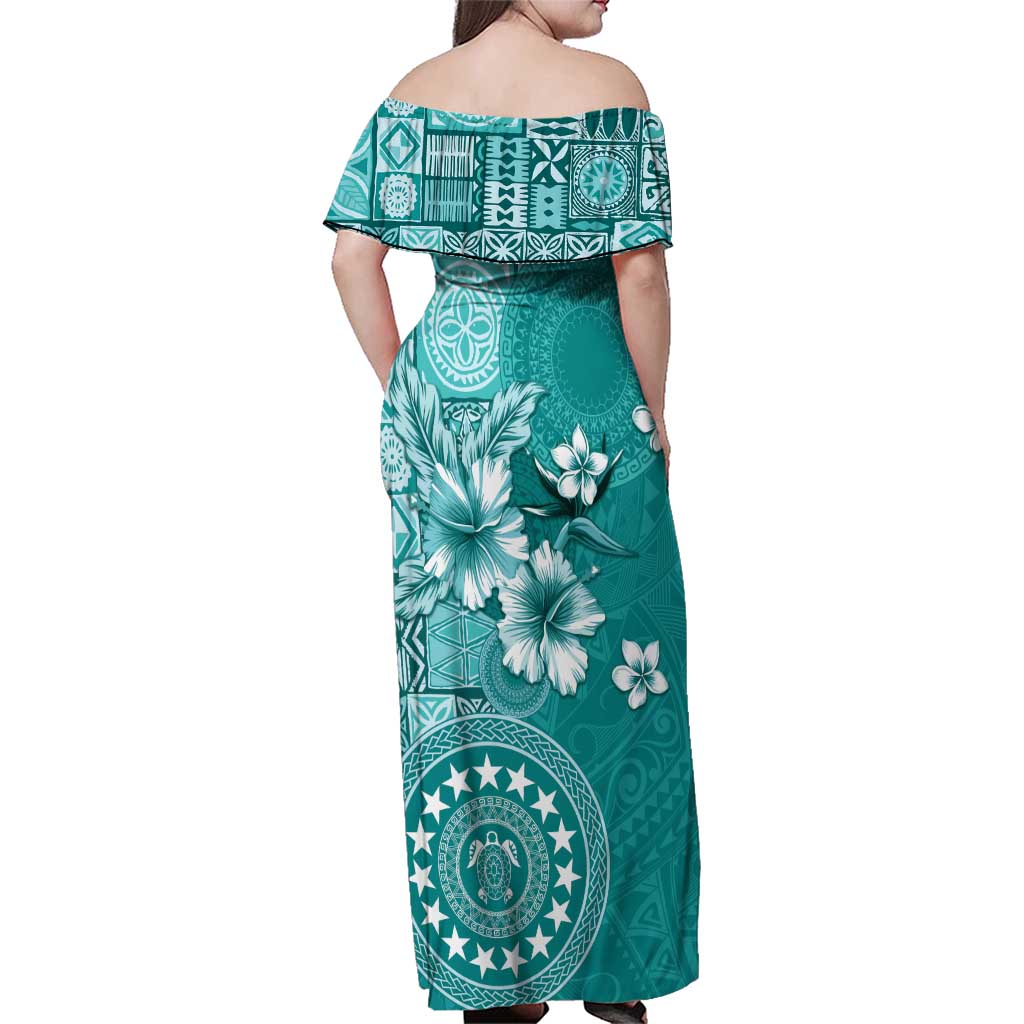 Cook Islands Family Matching Off Shoulder Maxi Dress and Hawaiian Shirt Teal Hibiscus And Stars LT05 - Polynesian Pride