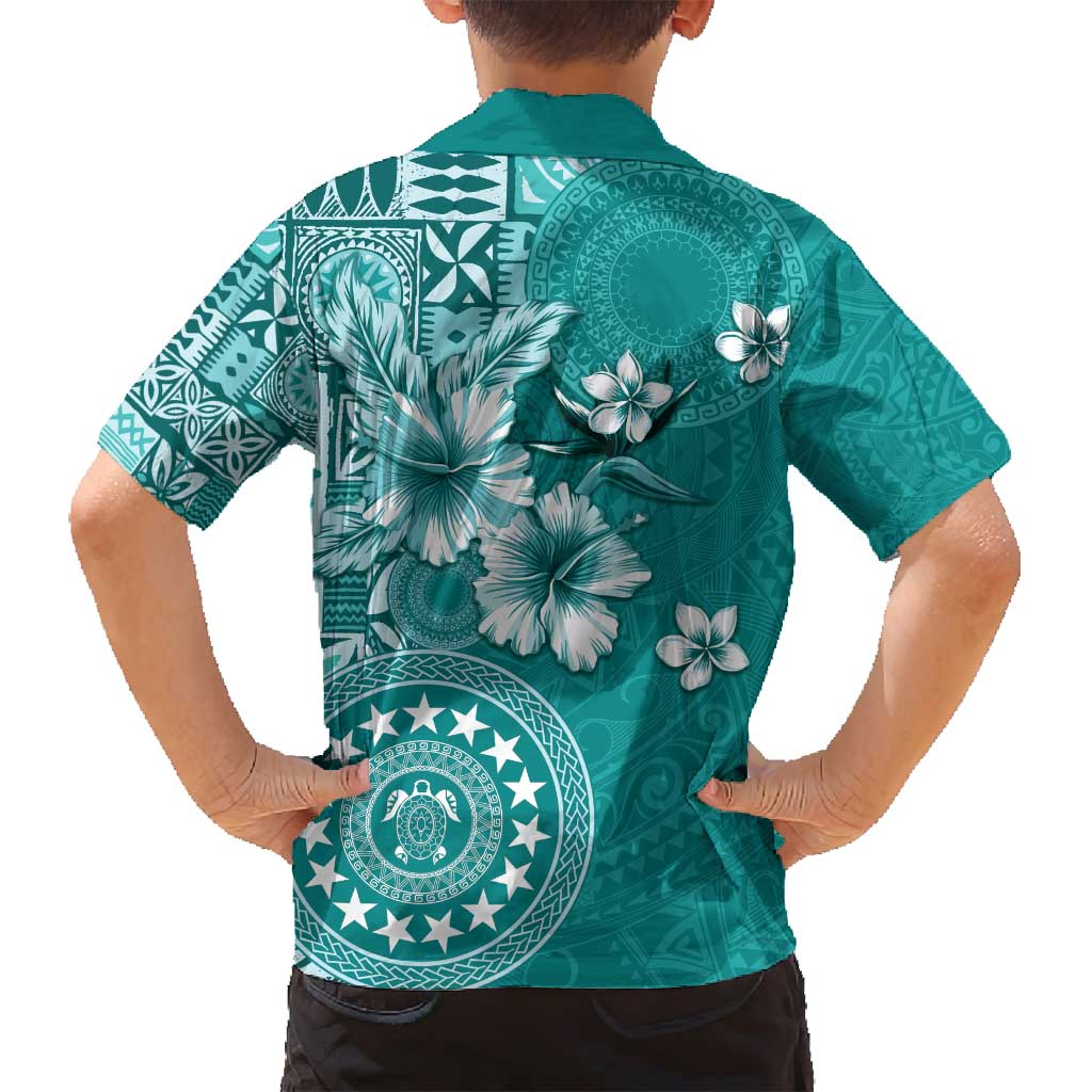 Cook Islands Family Matching Off Shoulder Short Dress and Hawaiian Shirt Teal Hibiscus And Stars LT05 - Polynesian Pride