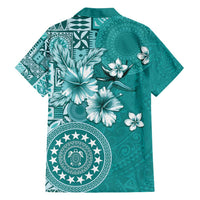 Cook Islands Family Matching Off Shoulder Short Dress and Hawaiian Shirt Teal Hibiscus And Stars LT05 - Polynesian Pride