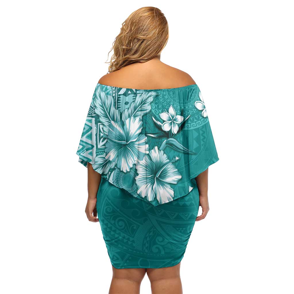 Cook Islands Family Matching Off Shoulder Short Dress and Hawaiian Shirt Teal Hibiscus And Stars LT05 - Polynesian Pride