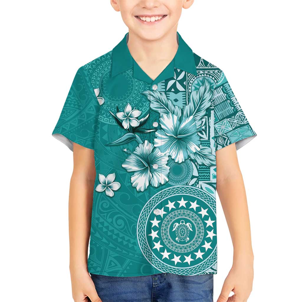 Cook Islands Family Matching Off Shoulder Short Dress and Hawaiian Shirt Teal Hibiscus And Stars LT05 Son's Shirt Teal - Polynesian Pride