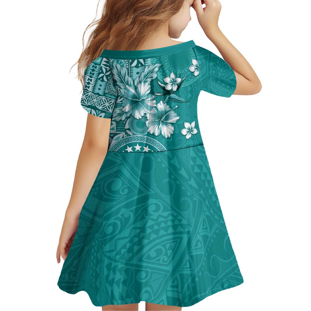 Cook Islands Family Matching Puletasi and Hawaiian Shirt Teal Hibiscus And Stars LT05 - Polynesian Pride