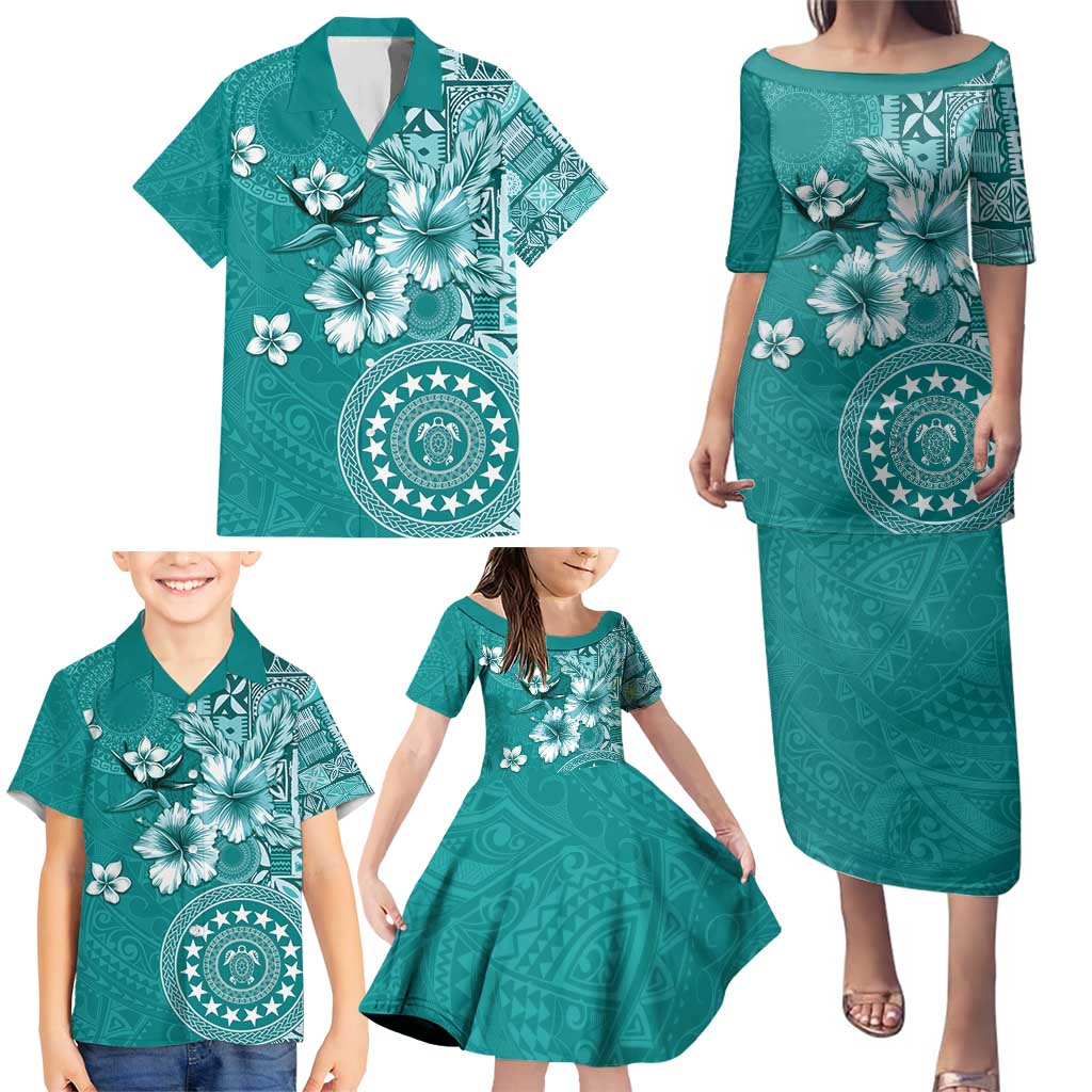 Cook Islands Family Matching Puletasi and Hawaiian Shirt Teal Hibiscus And Stars LT05 - Polynesian Pride