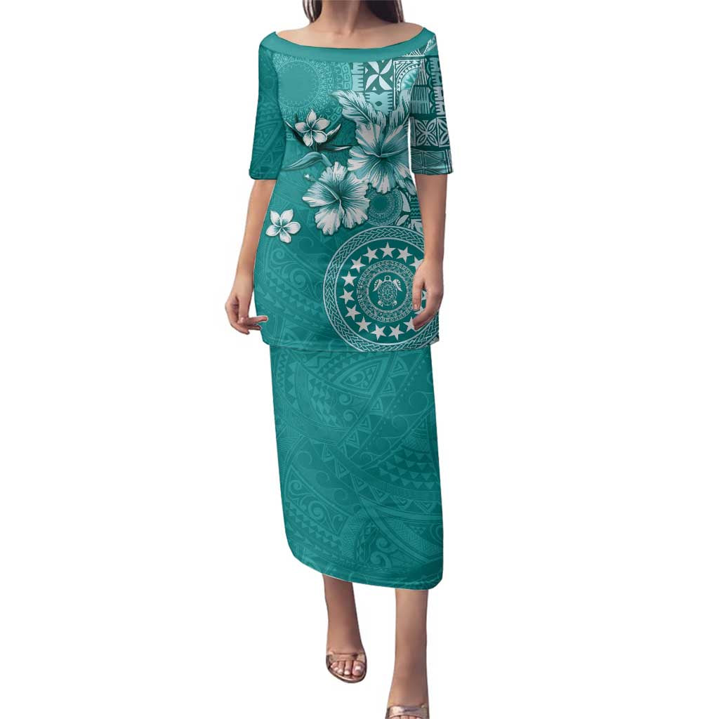 Cook Islands Family Matching Puletasi and Hawaiian Shirt Teal Hibiscus And Stars LT05 Mom's Dress Teal - Polynesian Pride