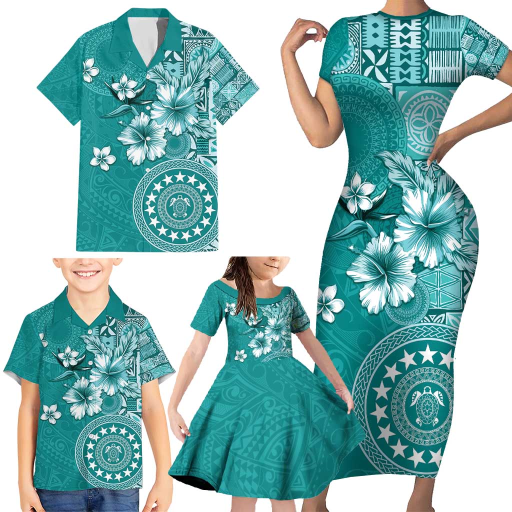Cook Islands Family Matching Short Sleeve Bodycon Dress and Hawaiian Shirt Teal Hibiscus And Stars LT05 - Polynesian Pride