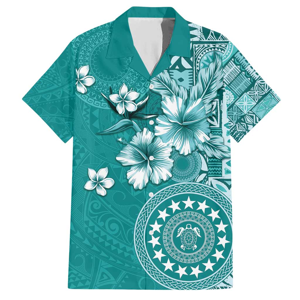 Cook Islands Family Matching Short Sleeve Bodycon Dress and Hawaiian Shirt Teal Hibiscus And Stars LT05 Dad's Shirt - Short Sleeve Teal - Polynesian Pride