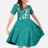 Cook Islands Family Matching Tank Maxi Dress and Hawaiian Shirt Teal Hibiscus And Stars LT05 Daughter's Dress Teal - Polynesian Pride