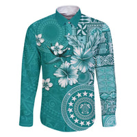 Cook Islands Family Matching Tank Maxi Dress and Hawaiian Shirt Teal Hibiscus And Stars LT05 Dad's Shirt - Long Sleeve Teal - Polynesian Pride