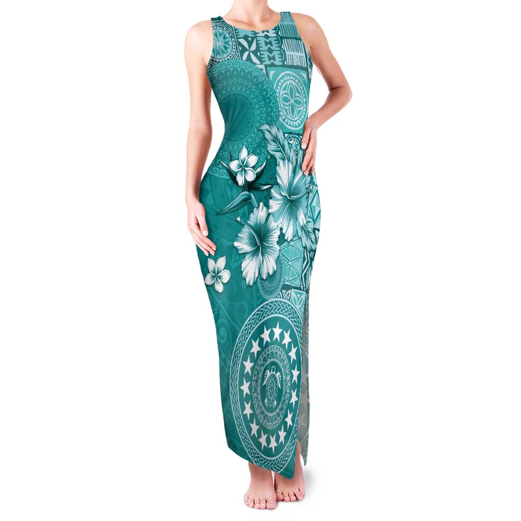 Cook Islands Family Matching Tank Maxi Dress and Hawaiian Shirt Teal Hibiscus And Stars LT05 Mom's Dress Teal - Polynesian Pride