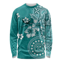 Cook Islands Long Sleeve Shirt Teal Hibiscus And Stars LT05 Unisex Teal - Polynesian Pride