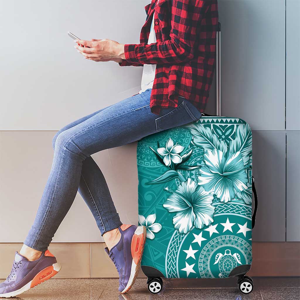 Cook Islands Luggage Cover Teal Hibiscus And Stars