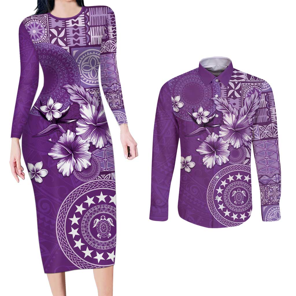 Cook Islands Couples Matching Long Sleeve Bodycon Dress and Long Sleeve Button Shirt Purple Hibiscus And Stars LT05 Purple - Polynesian Pride